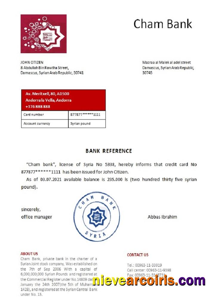 Syria Cham bank reference